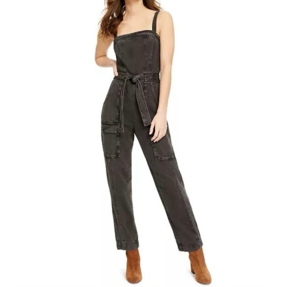 FREE PEOPLE Go West Black Open Back Tie Waist Cargo Utility Jumpsuit Size S